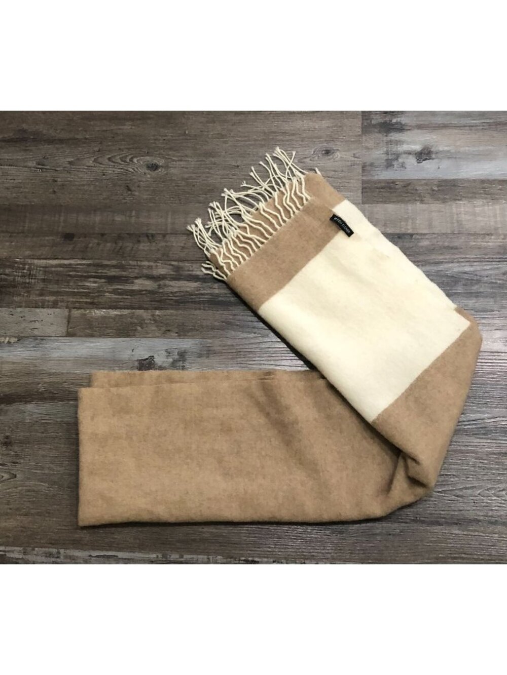 Eileen Fisher Blanket Scarf Two Toned Beige with Frayed Edge Wool Blend